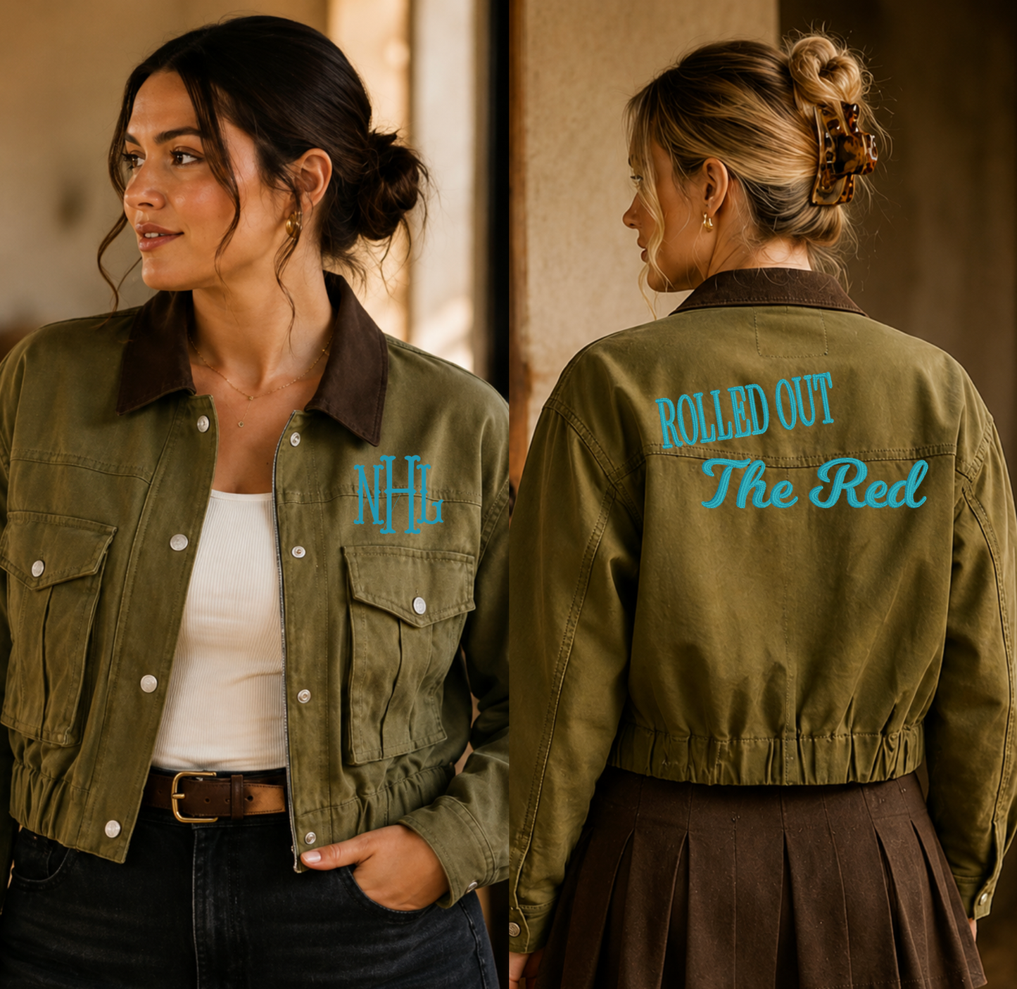 Two women modeling an olive green bomber jacket in a warm indoor setting. One shows the front with a brown collar and light blue monogram embroidery, and the other shows the back with light blue text reading 'ROLLED OUT The Red'.