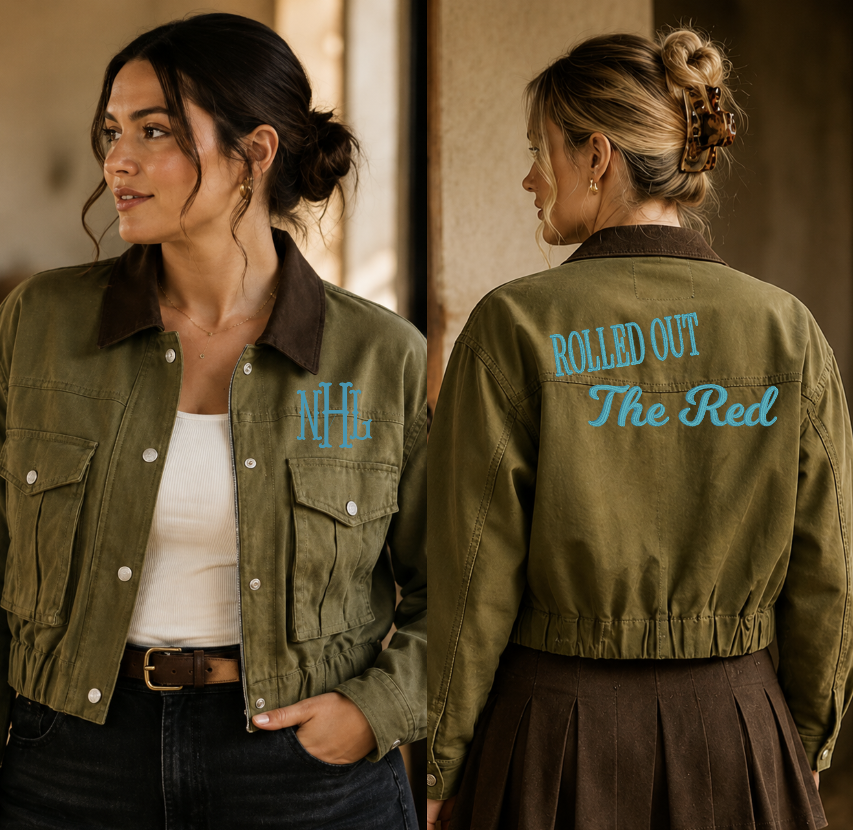 Two women modeling an olive green bomber jacket in a warm indoor setting. One shows the front with a brown collar and light blue monogram embroidery, and the other shows the back with light blue text reading 'ROLLED OUT The Red'.