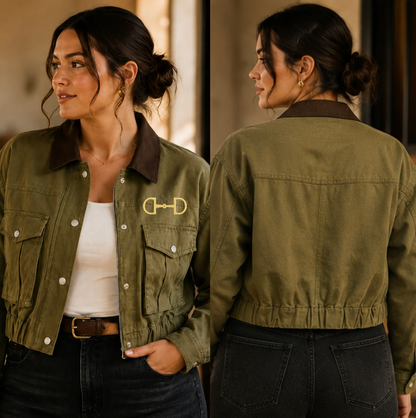A woman modeling an olive green cropped jacket with a dark brown collar, shown in front and back views. The jacket features a gold horsebit logo on the left chest, silver buttons, and a gathered elastic waist.