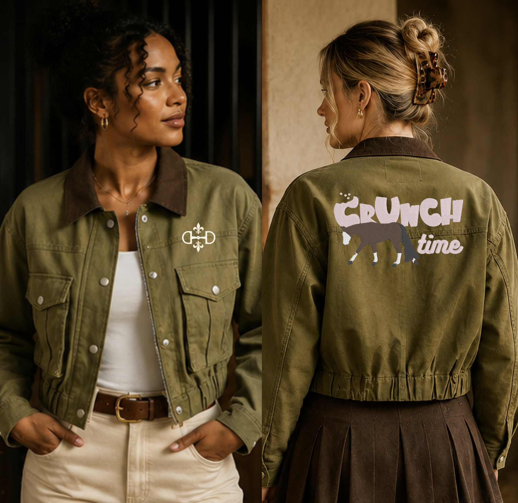 Two women modeling an olive green bomber jacket, showing both the front and back views. The front features a brown collar and a white embroidered logo on the left chest. Back shows a custom embroidered horse logo created by Le Cheval Designs. 