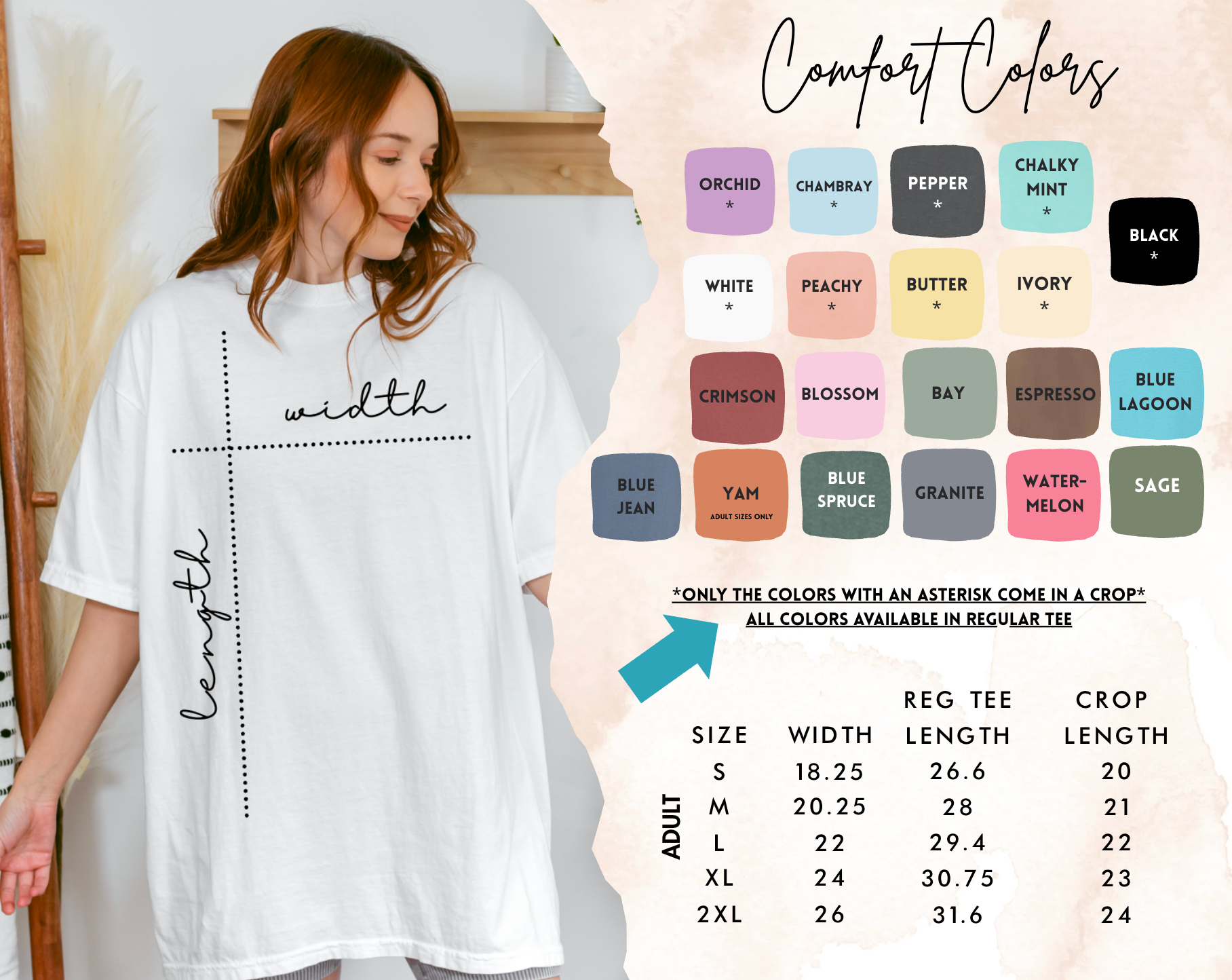 Woman wearing a white t-shirt with text, color swatch chart, and size chart on a light background