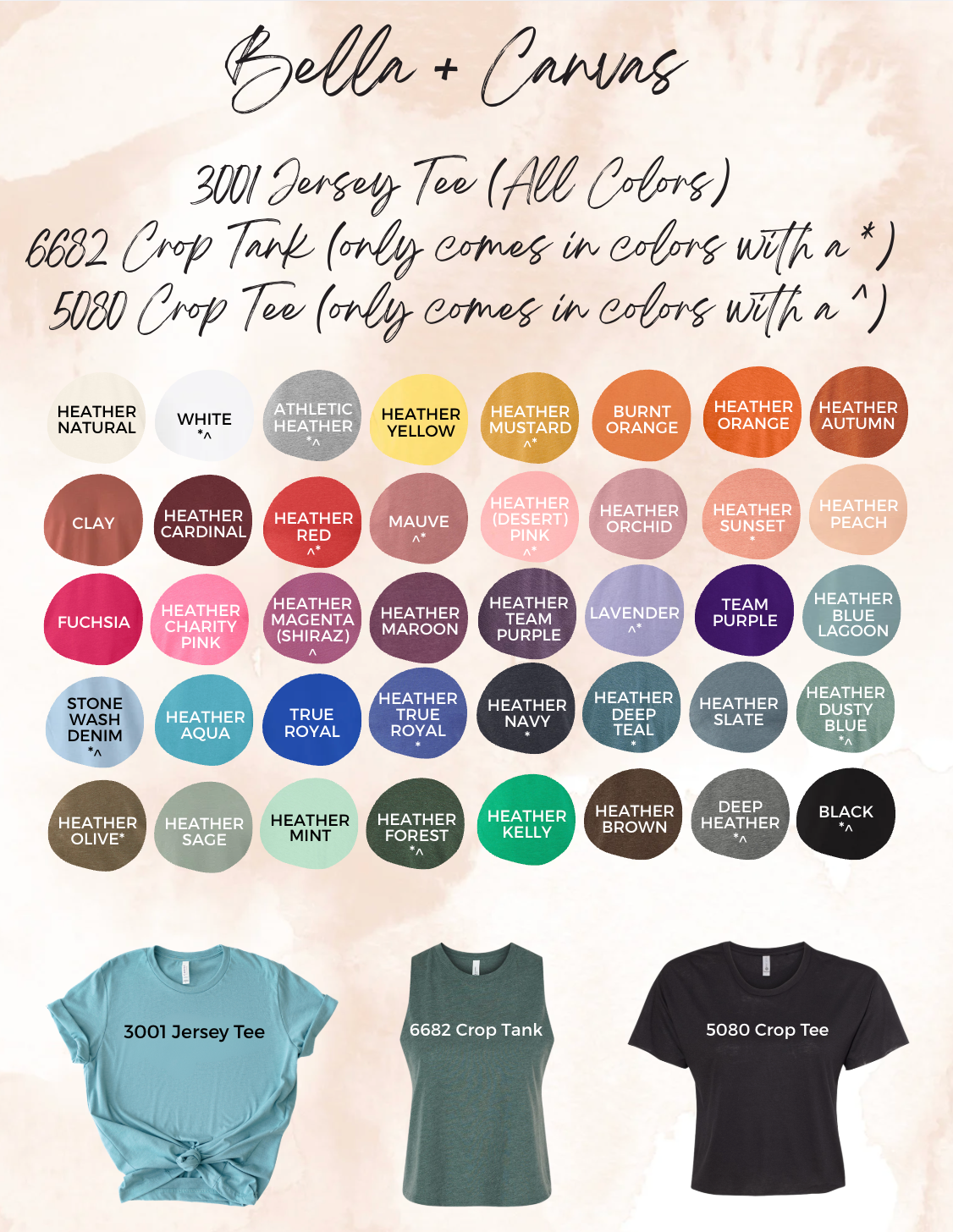 Color swatch chart for Bella + Canvas clothing with t-shirt examples.