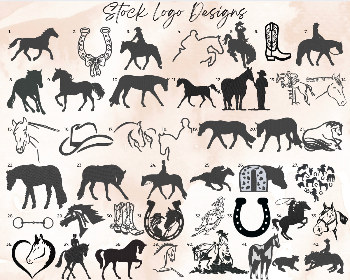 Collection of black horse-related logo designs on a beige background