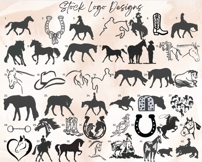 Collection of black horse-related logo designs on a beige background