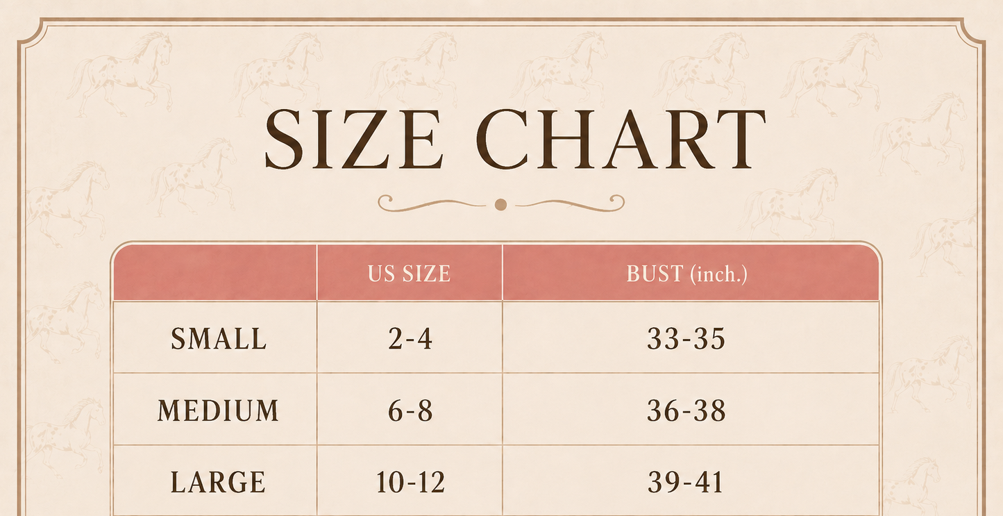 Size chart for the Le Cheval Luxe La Cavaliere Heritage Barn Chore Jacket Size Chart