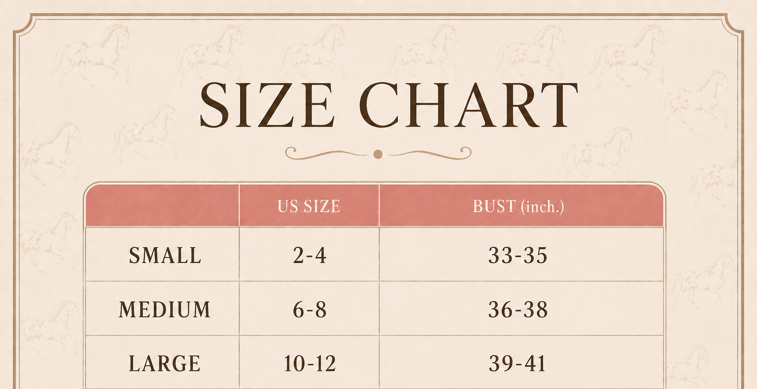 Size chart for the Le Cheval Luxe La Cavaliere Heritage Barn Chore Jacket Size Chart