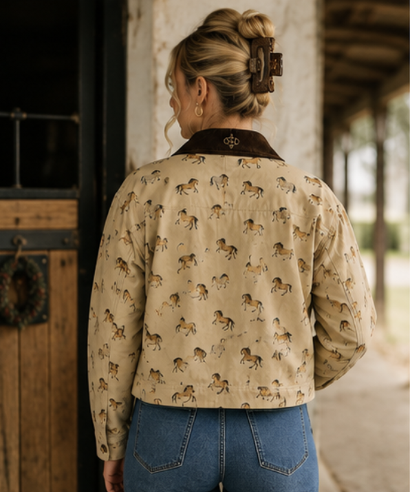 A woman viewed from behind wearing a cropped beige jacket with an allover horse print and a dark brown collar, paired with blue jeans in a rustic covered porch setting.