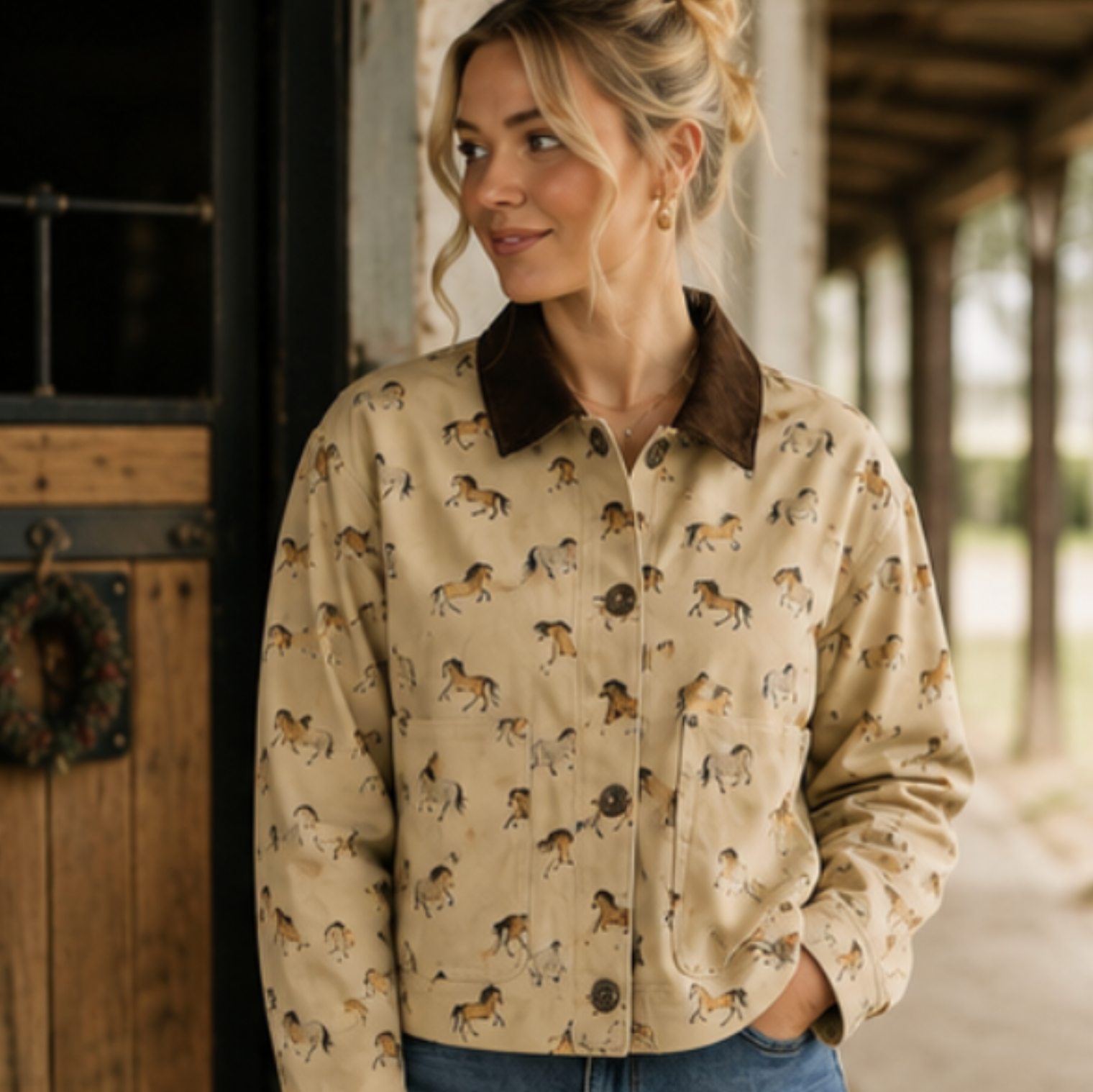 A woman wearing a beige barn jacket with a brown collar and an all-over horse print, standing in front of a rustic wooden door and porch.