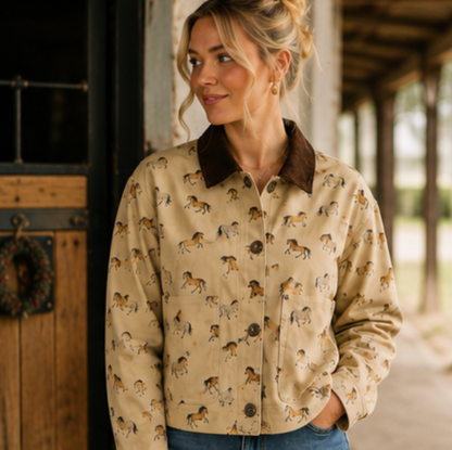A woman wearing a beige barn jacket with a brown collar and an all-over horse print, standing in front of a rustic wooden door and porch.