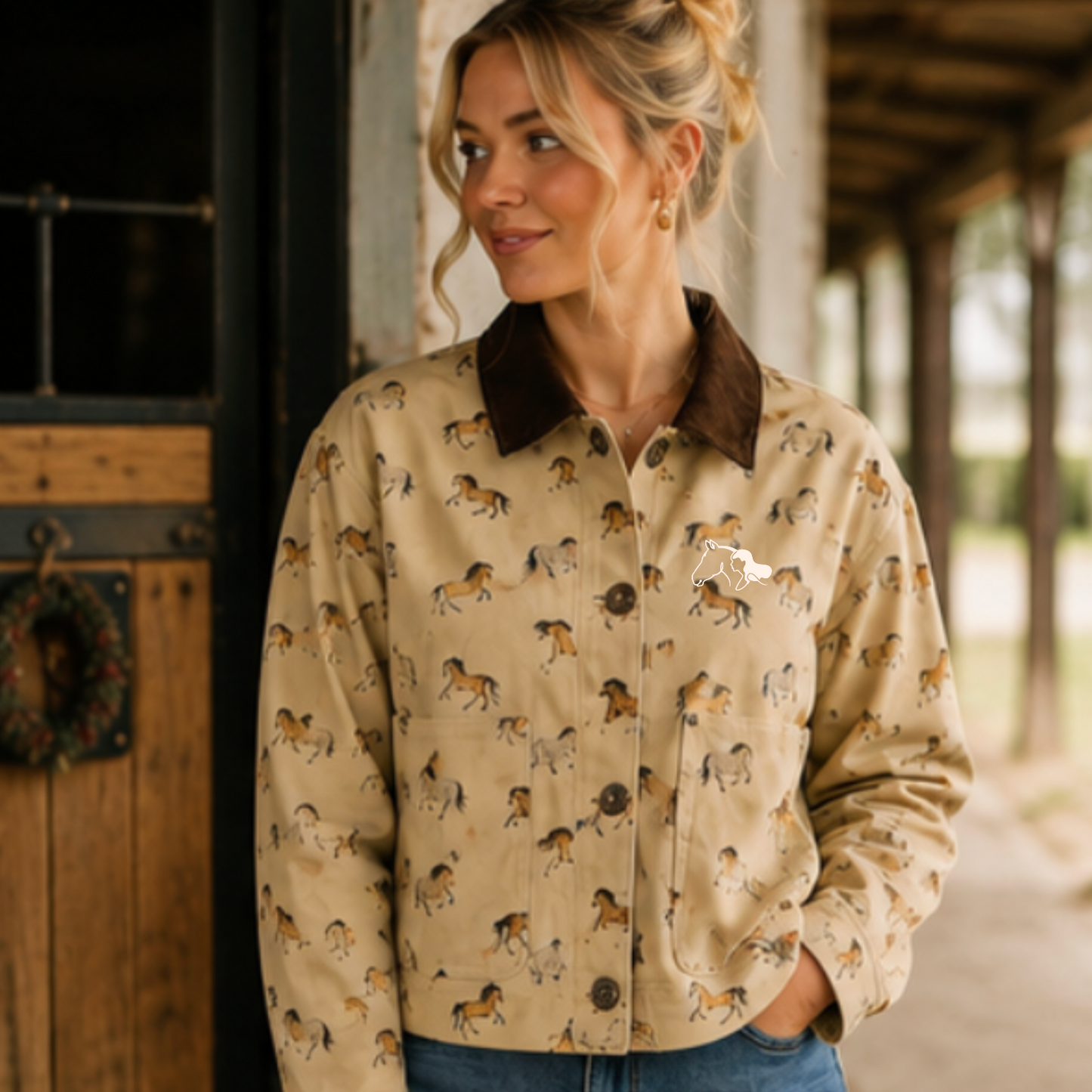 A woman wearing a beige barn chore jacket with an all-over horse print and a dark brown collar, standing on a rustic porch with custom logo embroidery on the left chest.