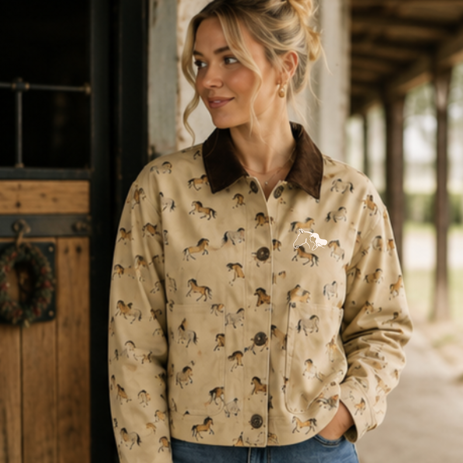A woman wearing a beige barn chore jacket with an all-over horse print and a dark brown collar, standing on a rustic porch with custom logo embroidery on the left chest.