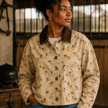 A woman wearing a beige utility-style jacket with an allover horse print and a dark brown collar and custom monogram embroidery, standing in a rustic indoor setting with horse stalls in the background.