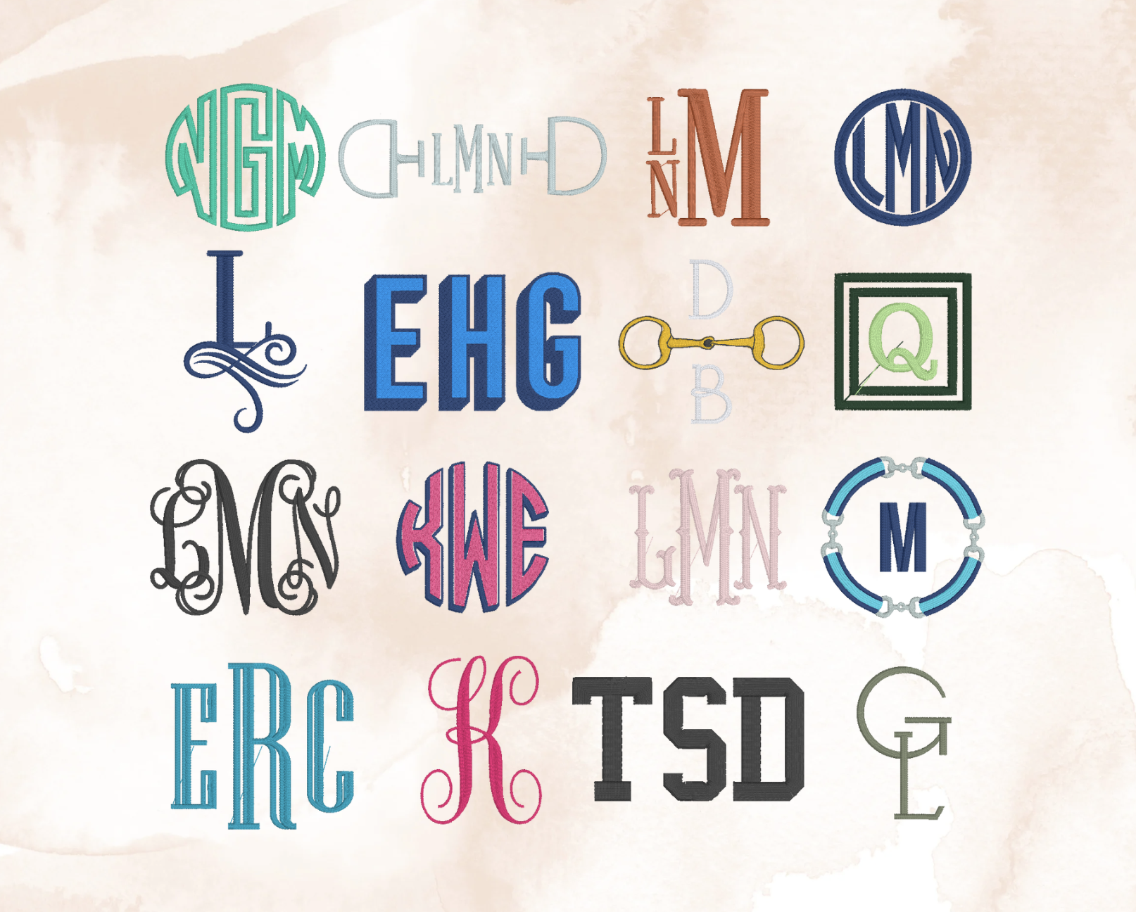Collection of various monogram designs on a textured beige background