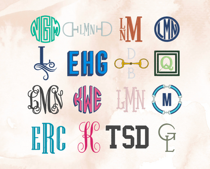 Collection of various monogram designs on a textured beige background