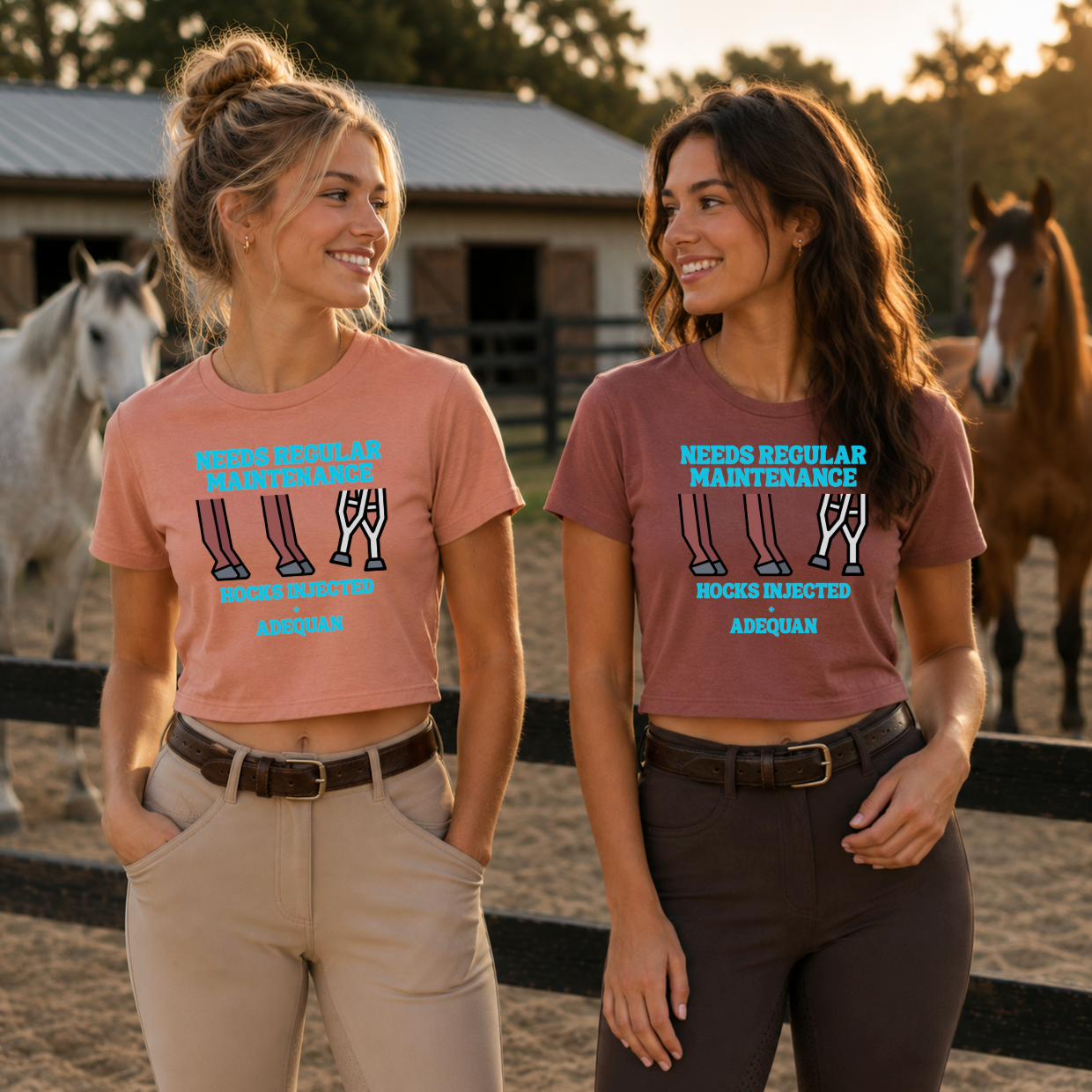 Two women standing outdoors in a barn setting, wearing matching cropped graphic T-shirts with horse-leg illustrations and text about regular maintenance. One shirt is peach and the other is mauve, both paired with pants and belts.