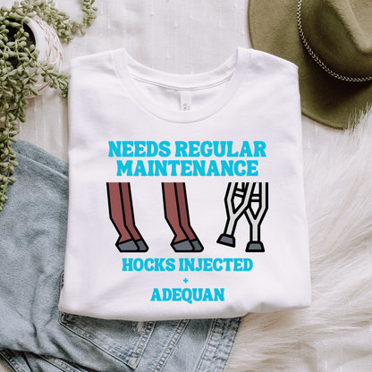 A folded white graphic T-shirt is styled in a flat lay with a green hat, denim shorts, faux fur, and greenery. The shirt has a graphic that reads 'NEEDS REGULAR MAINTENANCE' and 'HOCKS INJECTED + ADEQUAN' with illustrations of horse legs.