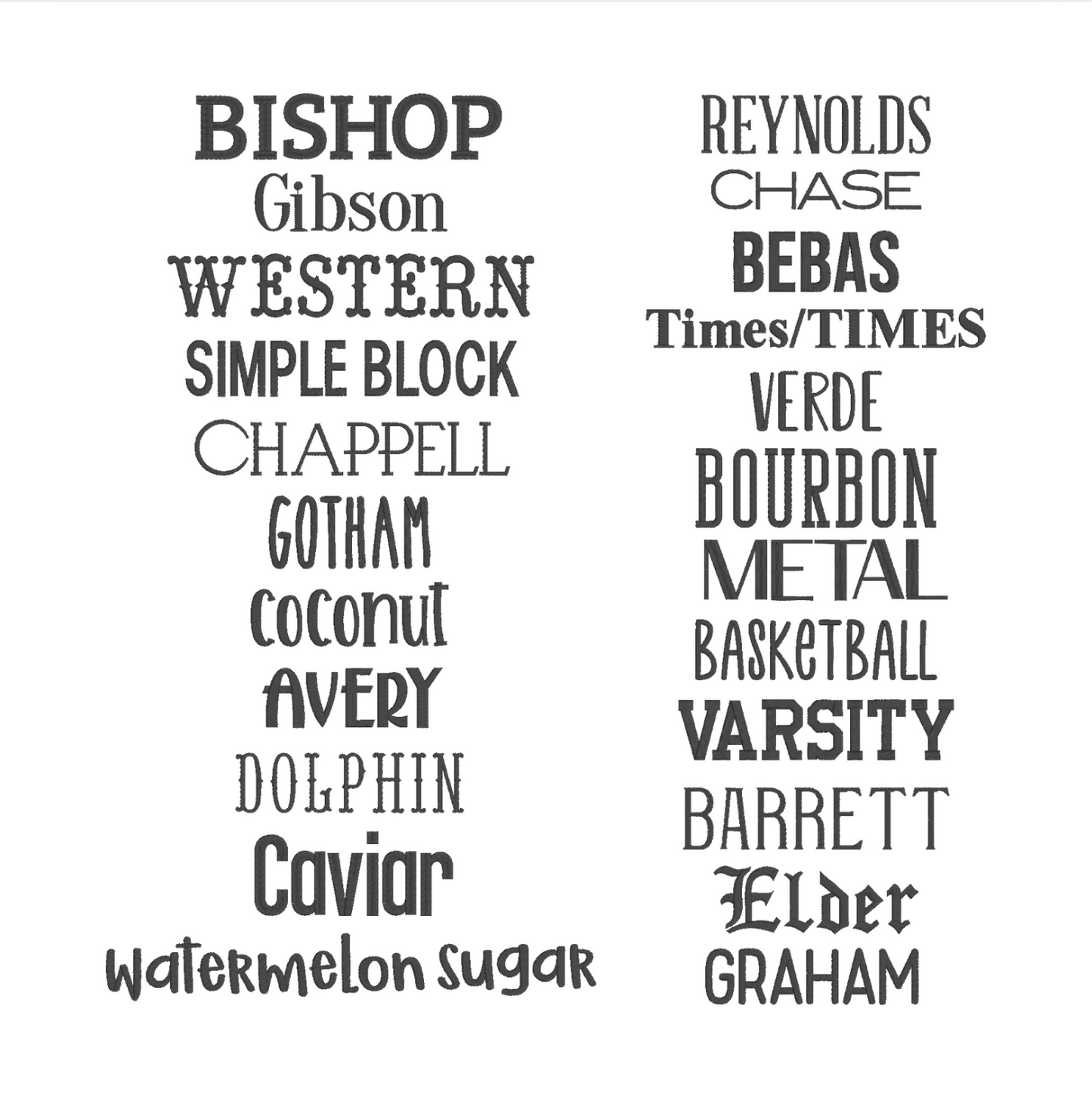Collection of various font styles displayed on a white background