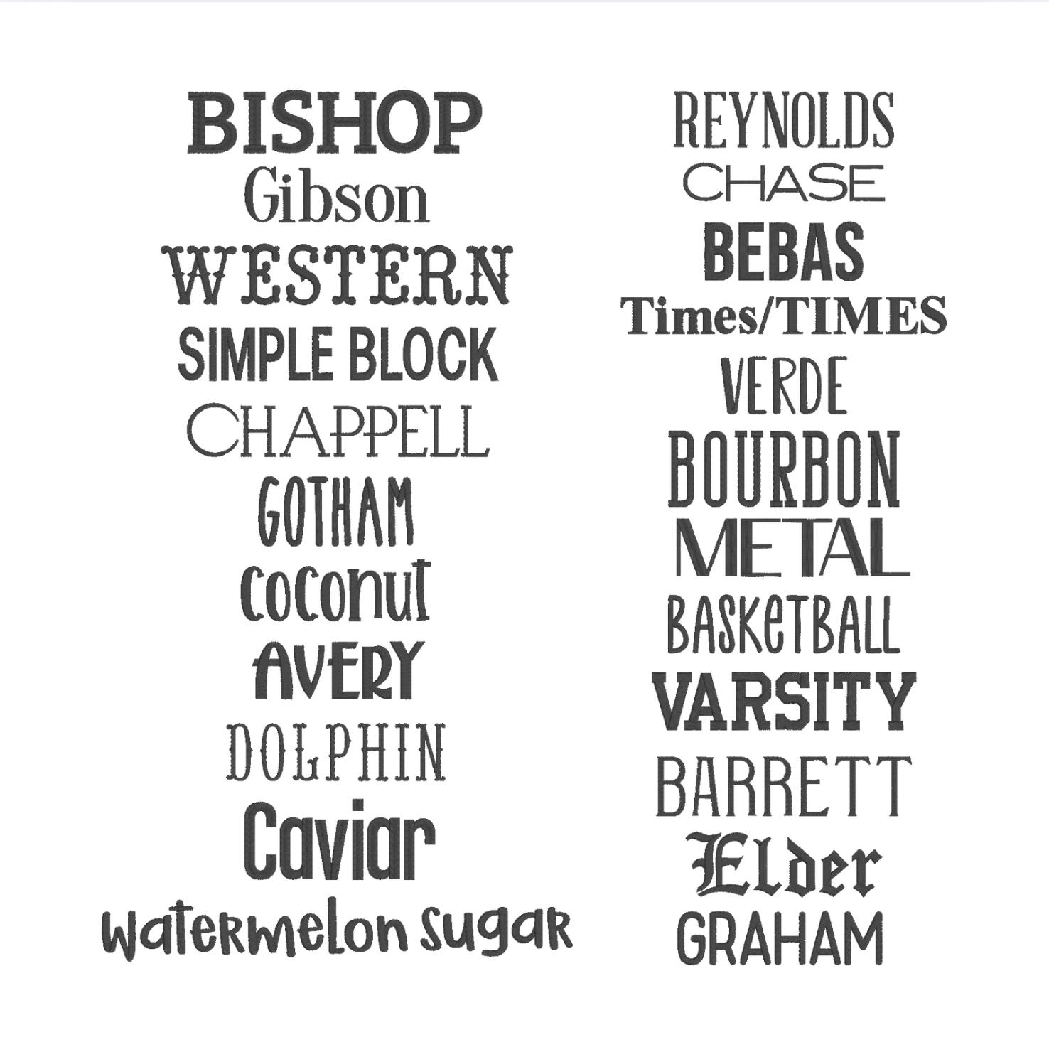 Collection of various font styles displayed on a white background