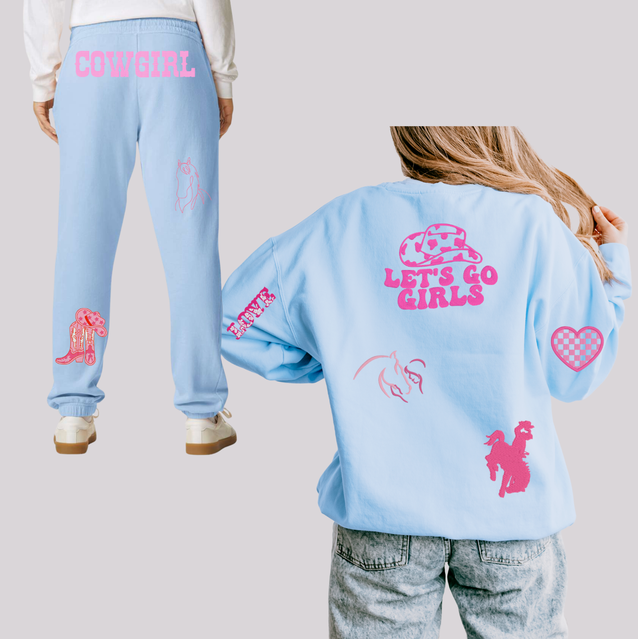 Western-Inspired Horse Girl Embroidered Comfort Colors Sweatshirt & Sweatpants Set