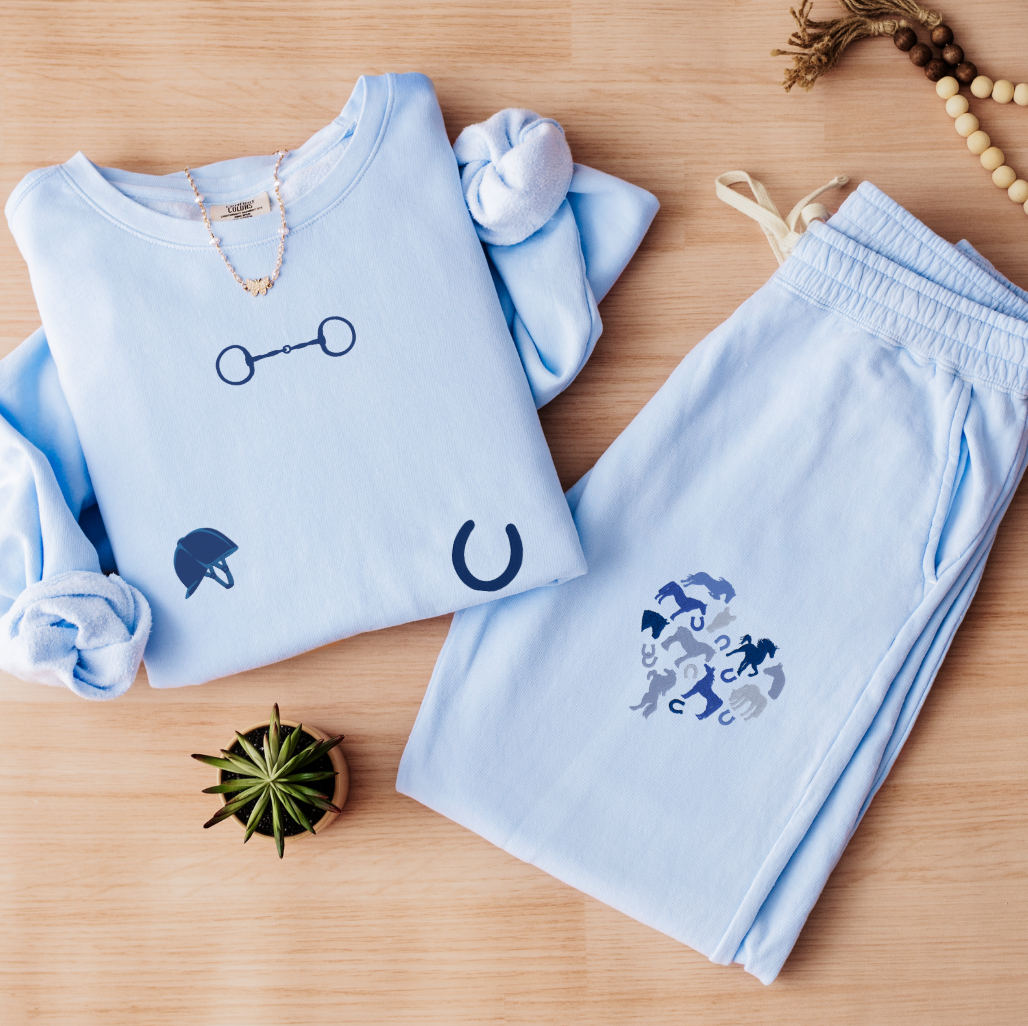 English Equestrian-Inspired Embroidered Comfort Colors Sweatshirt & Sweatpants Set