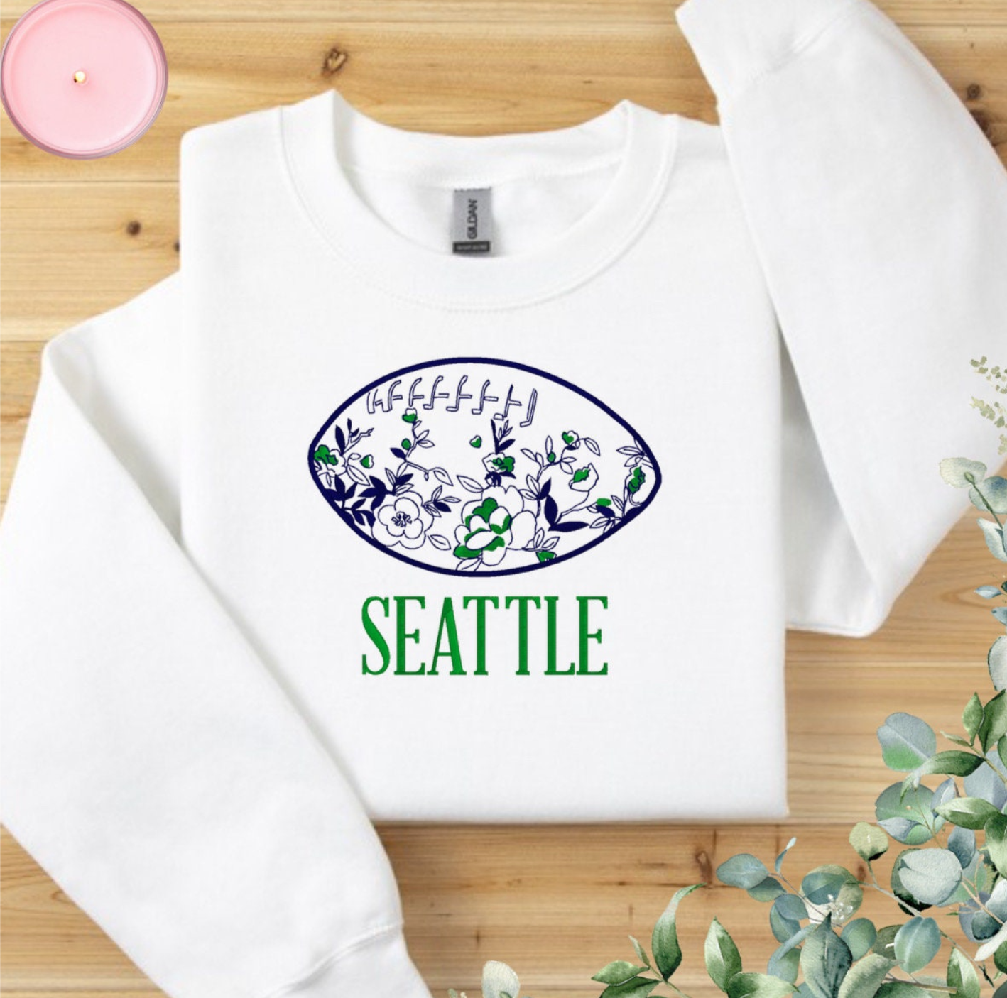 Embroidered Chinoiserie Football Crewneck Sweatshirt w/ City Name & Custom Colors