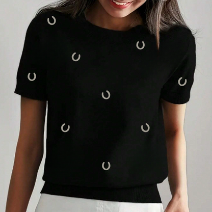 Embroidered Horseshoe Short Sleeve Sweater