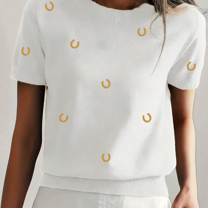 Embroidered Horseshoe Short Sleeve Sweater