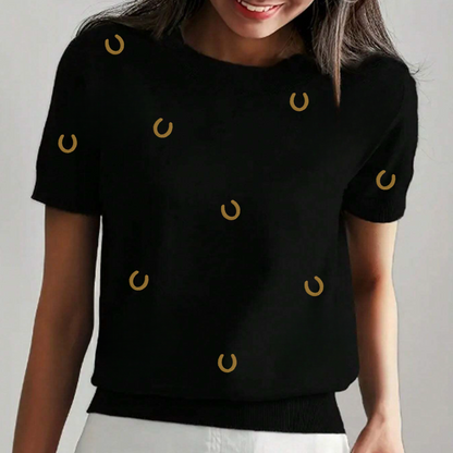 Embroidered Horseshoe Short Sleeve Sweater