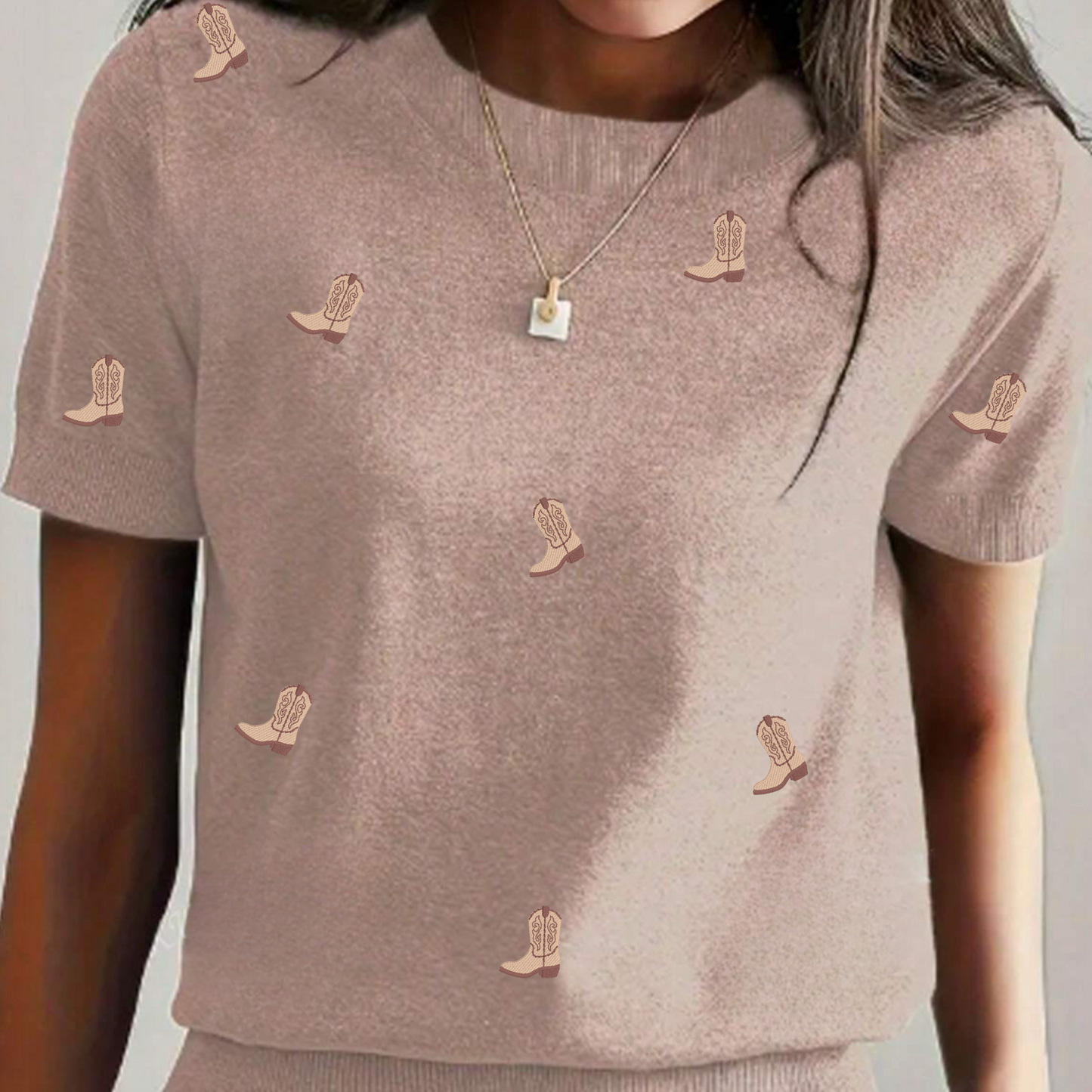 Embroidered Cowboy Boot Short Sleeve Sweater
