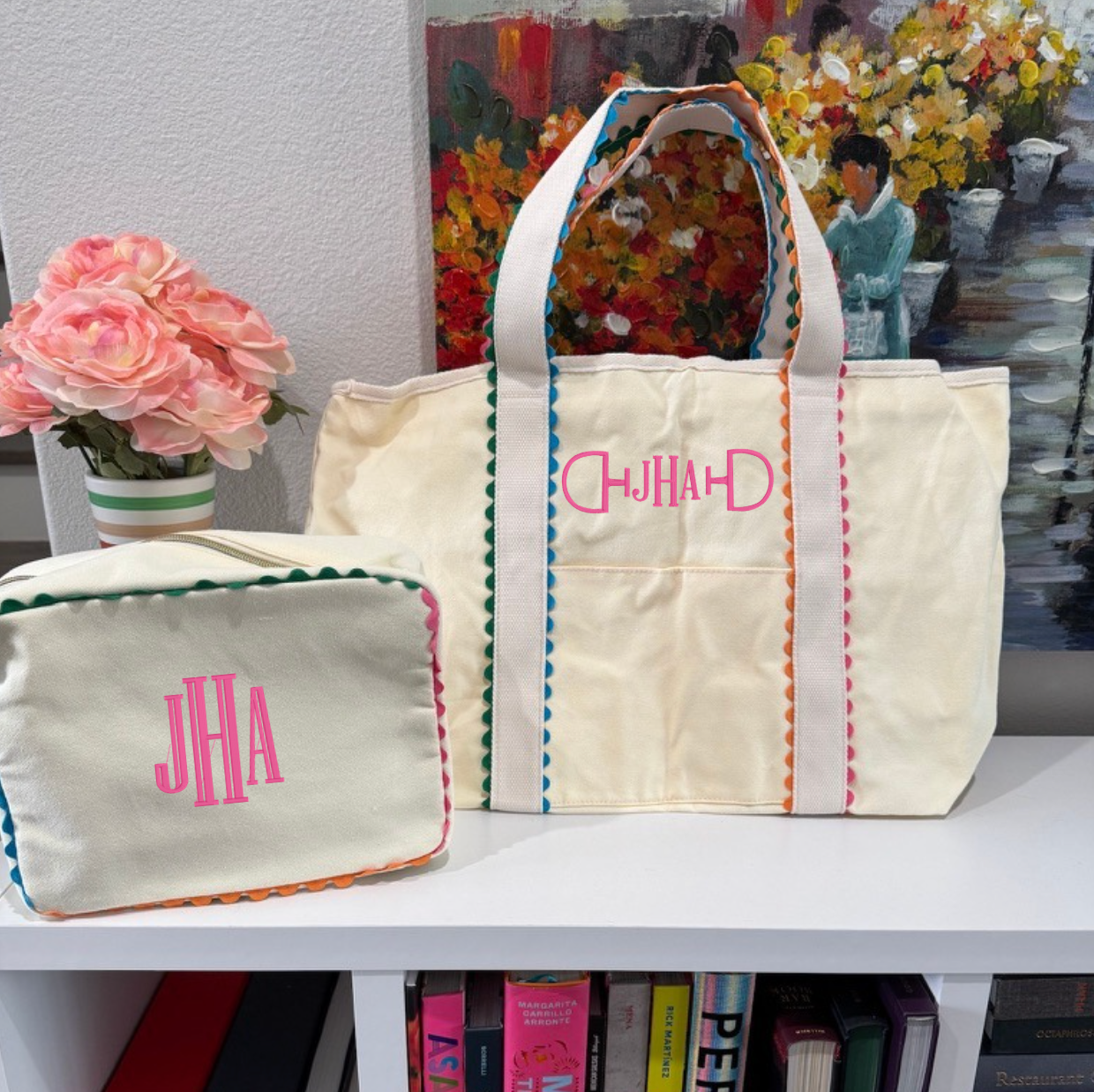 Custom Embroidered Rainbow Ric Rac Canvas Tote + Cosmetic Bag