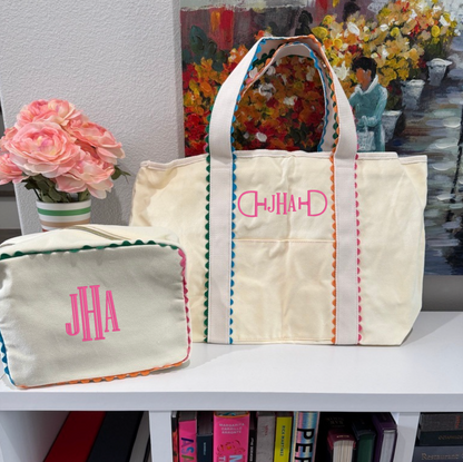 Custom Embroidered Rainbow Ric Rac Canvas Tote + Cosmetic Bag