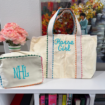 Custom Embroidered Rainbow Ric Rac Canvas Tote + Cosmetic Bag