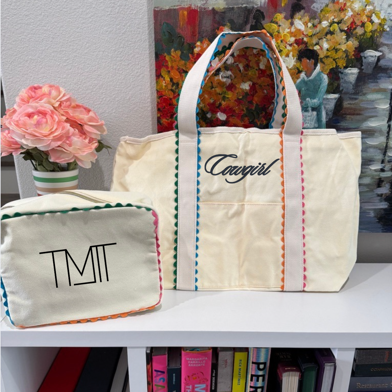 Custom Embroidered Rainbow Ric Rac Canvas Tote + Cosmetic Bag