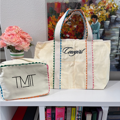 Custom Embroidered Rainbow Ric Rac Canvas Tote + Cosmetic Bag