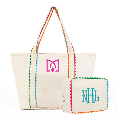 Custom Embroidered Rainbow Ric Rac Canvas Tote + Cosmetic Bag