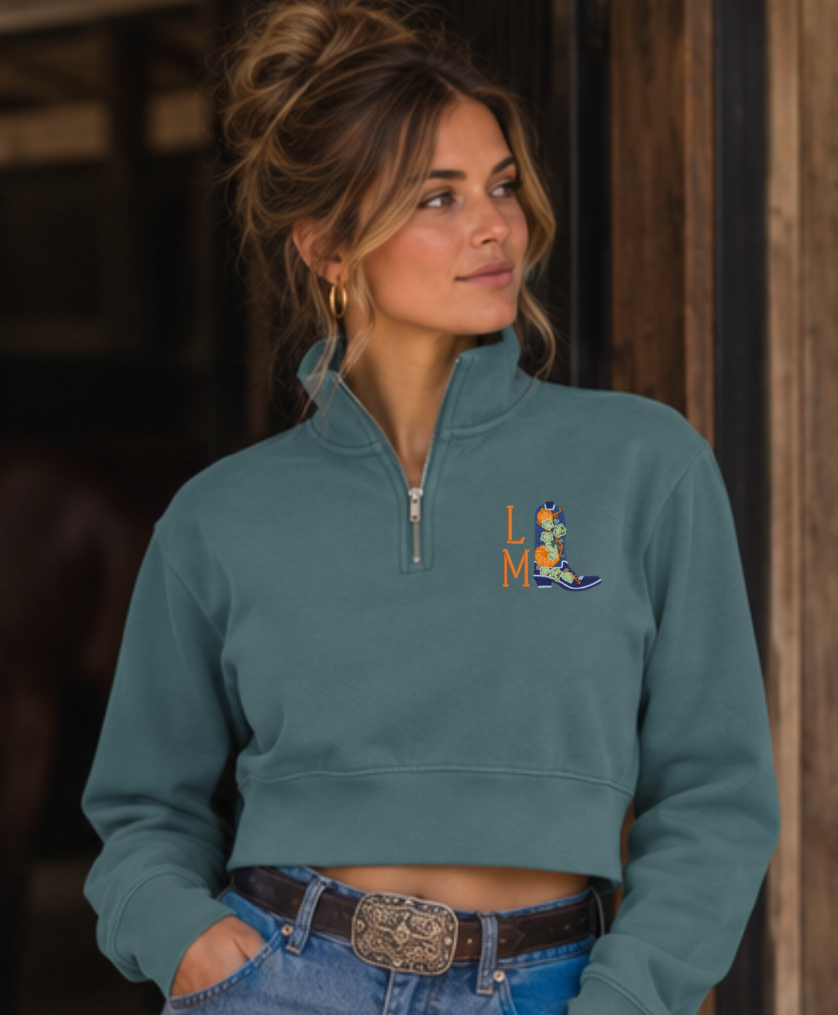 Pumpkin Cowgirl Boot Monogram Quarter Zip