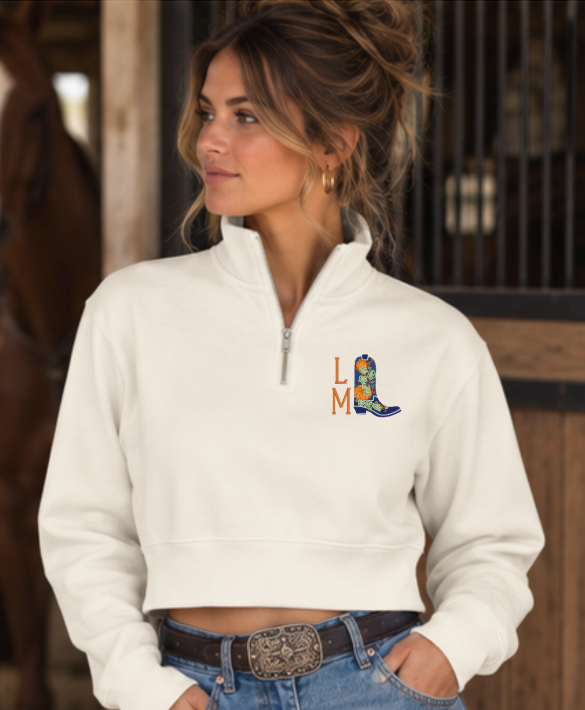 Pumpkin Cowgirl Boot Monogram Quarter Zip