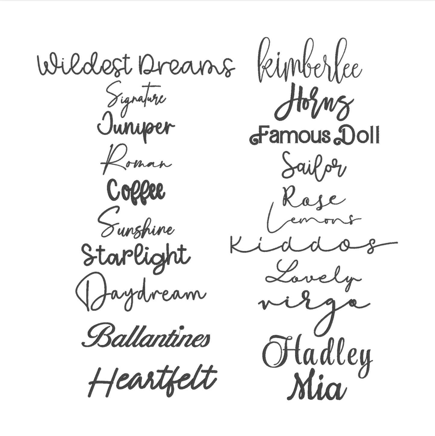 Collection of various handwritten-style names on a white background