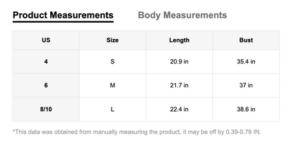 Product measurements chart with size, length, and bust dimensions.