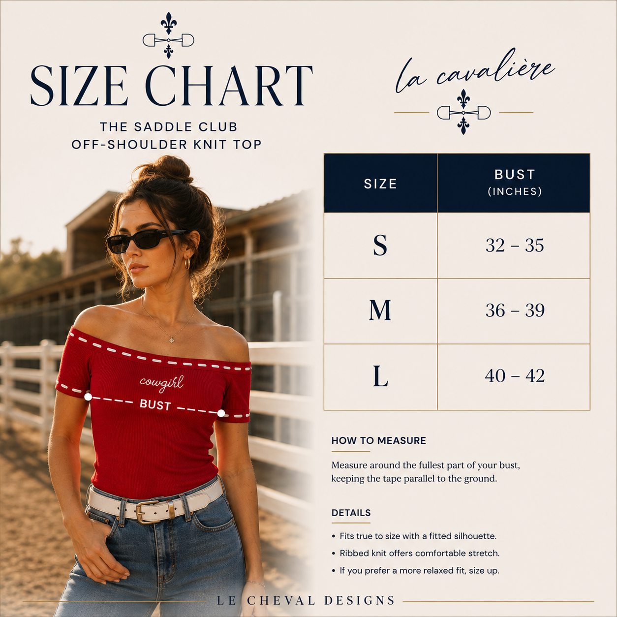Size chart graphic for the La Cavaliere off-shoulder knit top by Le Cheval Designs, showing a model wearing the red top on the left and a size measurement table on the right with bust measurements in inches for sizes S, M, and L.