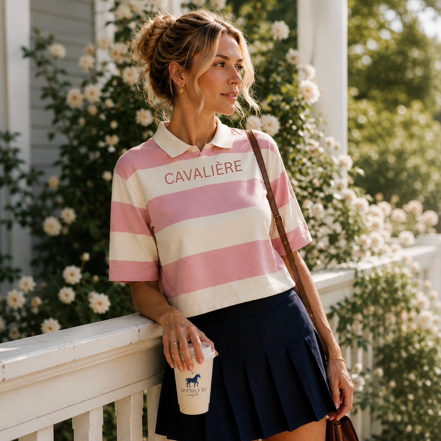 A woman stands on a porch wearing a pink and cream striped polo shirt with 'CAVALIÈRE' printed across the chest, paired with a dark navy pleated skirt. She holds a coffee cup and has a shoulder bag, with white flowers and green foliage in the background.
