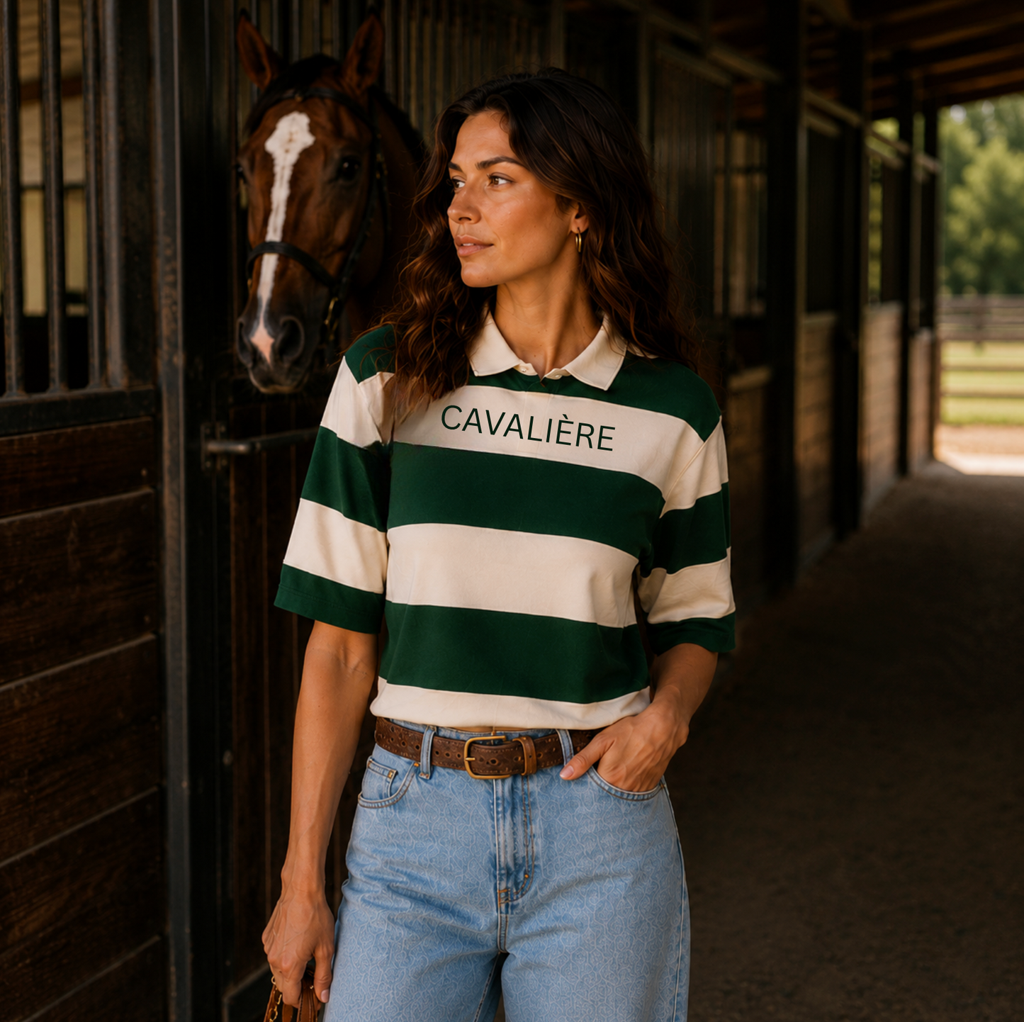 A woman wearing a green and cream striped polo shirt with 'CAVALIÈRE' printed on the chest, standing in a stable corridor with a horse behind her.