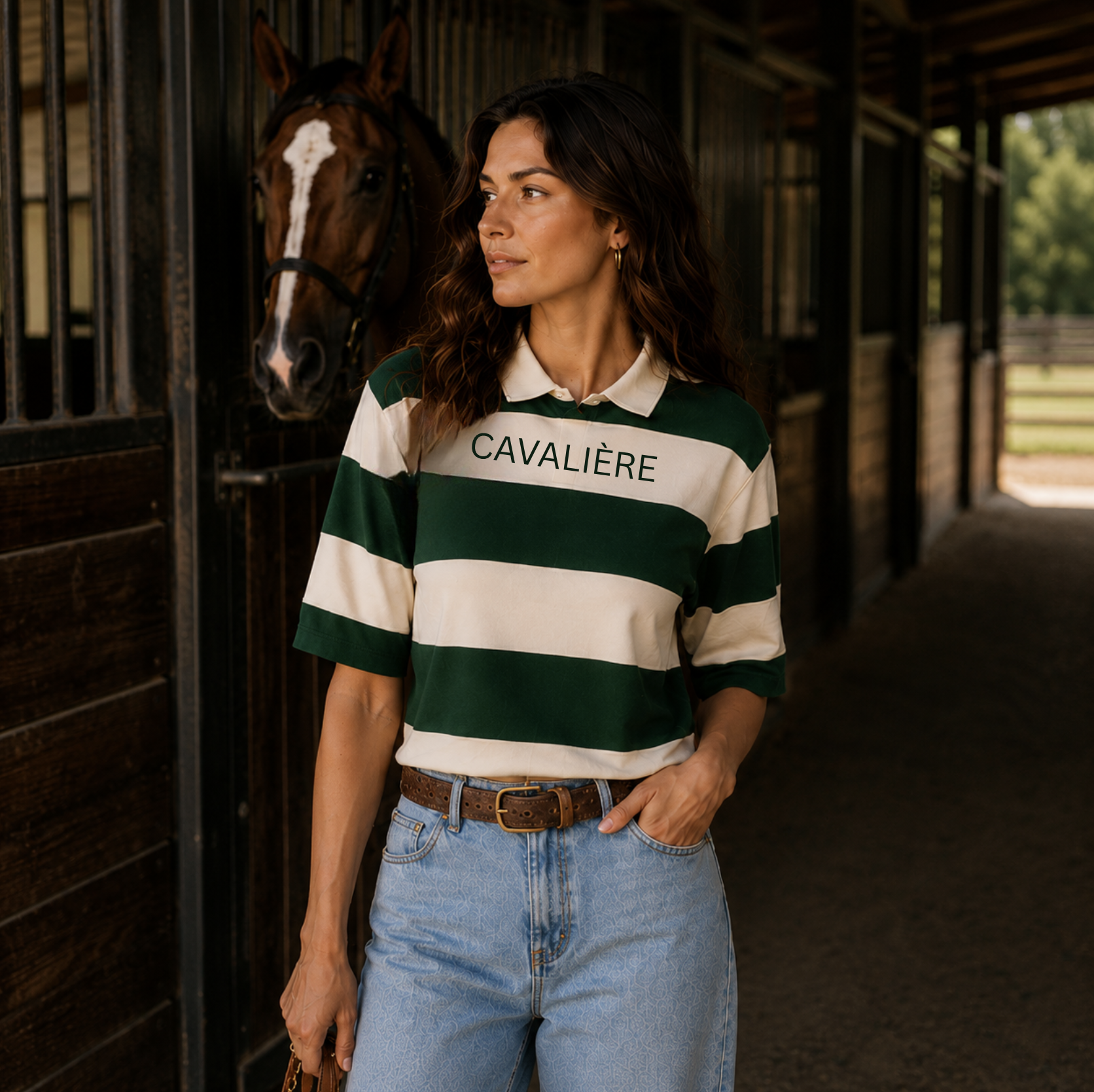 A woman wearing a green and cream striped polo shirt with 'CAVALIÈRE' printed on the chest, standing in a stable corridor with a horse behind her.